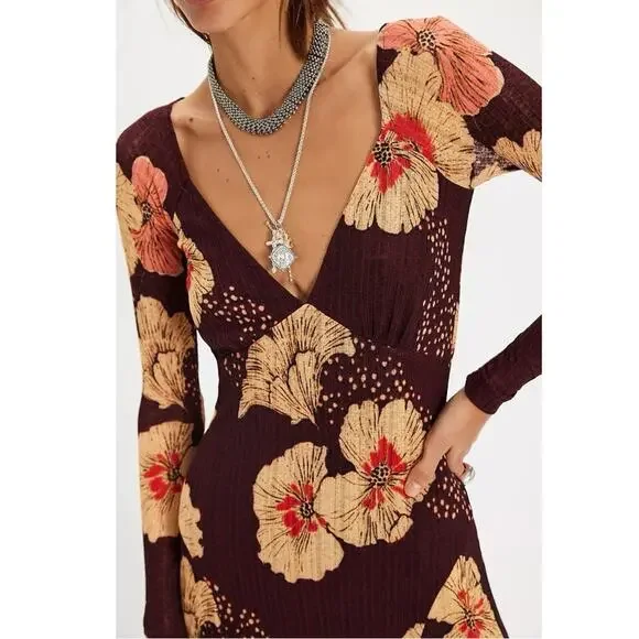 Free People Calla Midi Maxi Dress in Plum Combo Size XL Edgy Floral 90s Bohemian - Picture 4 of 15